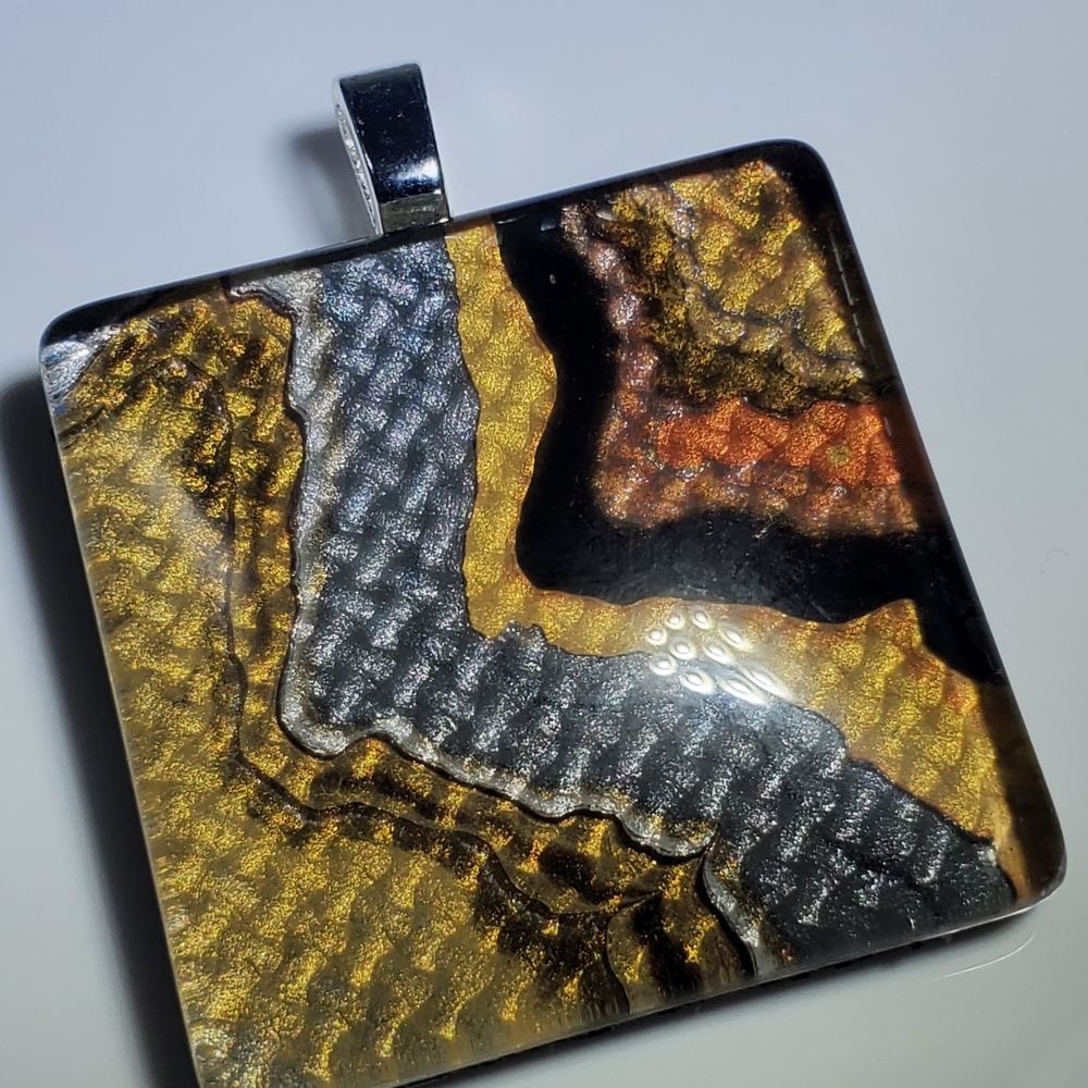 Handmade Abstract Art Pendant • Leather Base • Glass Cabochon Necklace - Picture 5 of 9